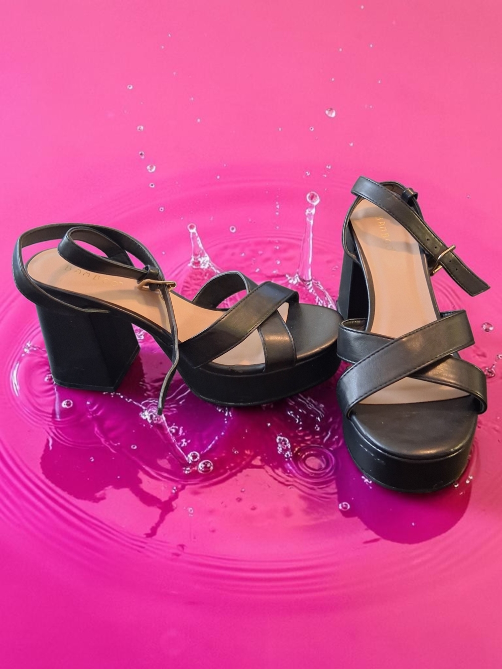 BAMBOO Y2k Style Black Platform Block Heel Sandals Bojo Womens Shoes Size 7.5